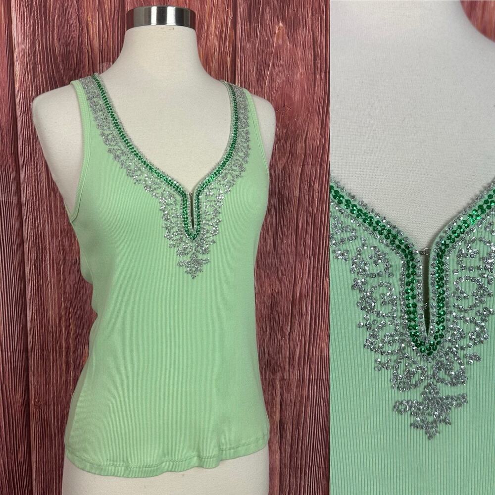 Vintage Y2K Forever 21 Green Beaded Tank Top Size Large L 2000s Fairy